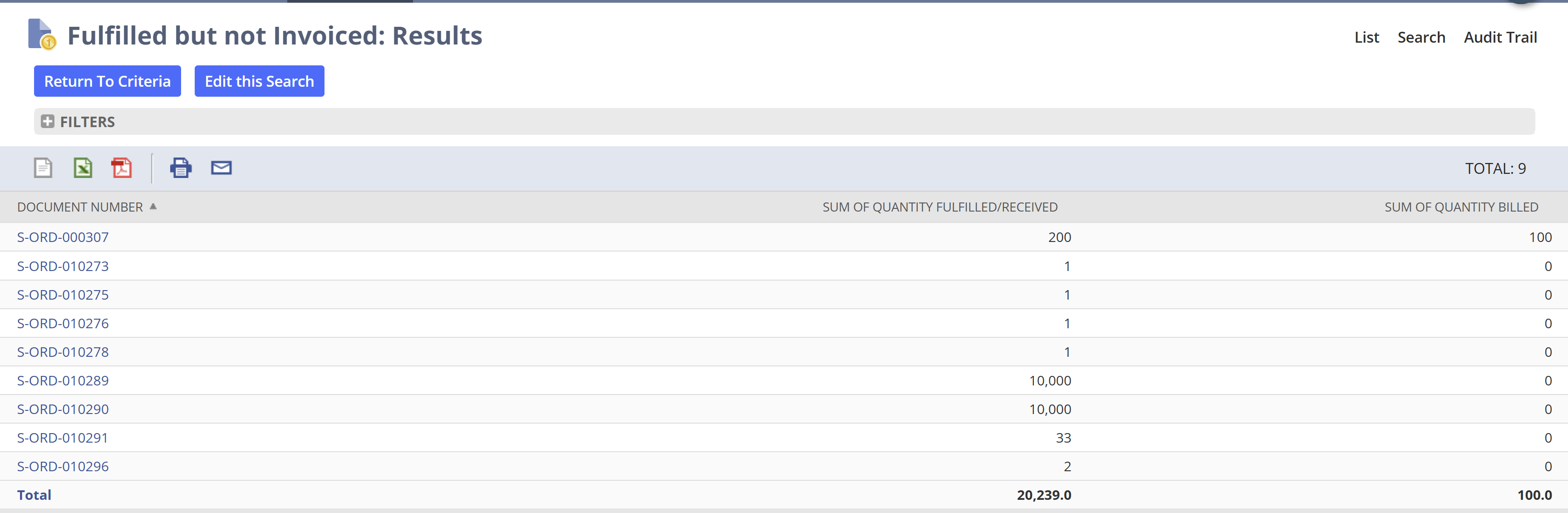 Redacted NetSuite report showing fulfilled sales orders without invoices