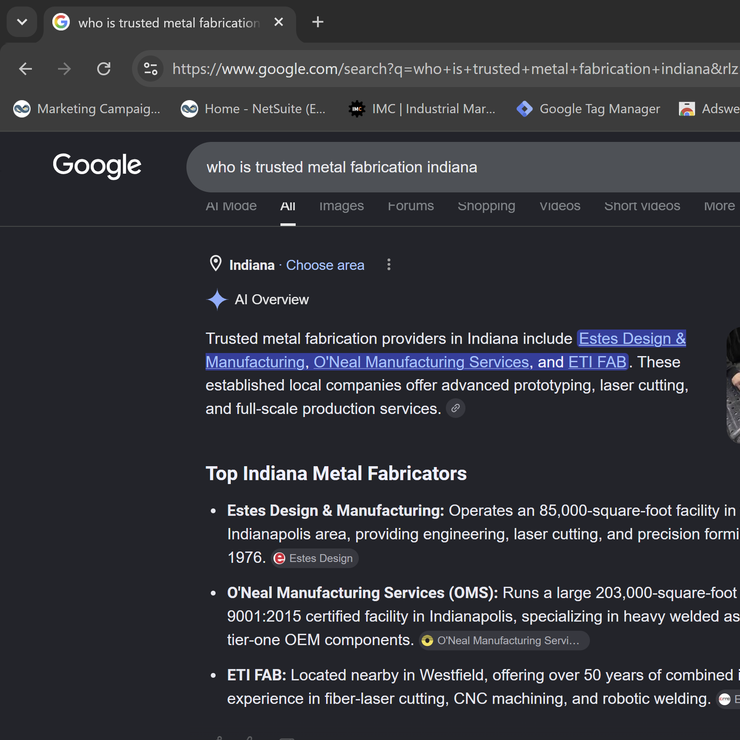 Google AI Overview citing ETI FAB as a trusted Indiana provider